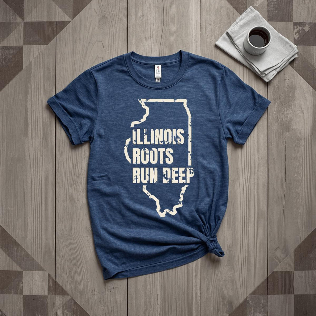 Illinois Roots Run Deep tee in heather navy with cream print, laid flat on weathered wood