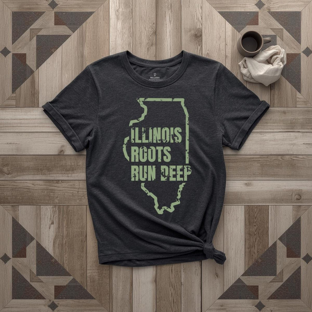 Illinois Roots Run Deep tee in black with sage print, laid flat on weathered wood