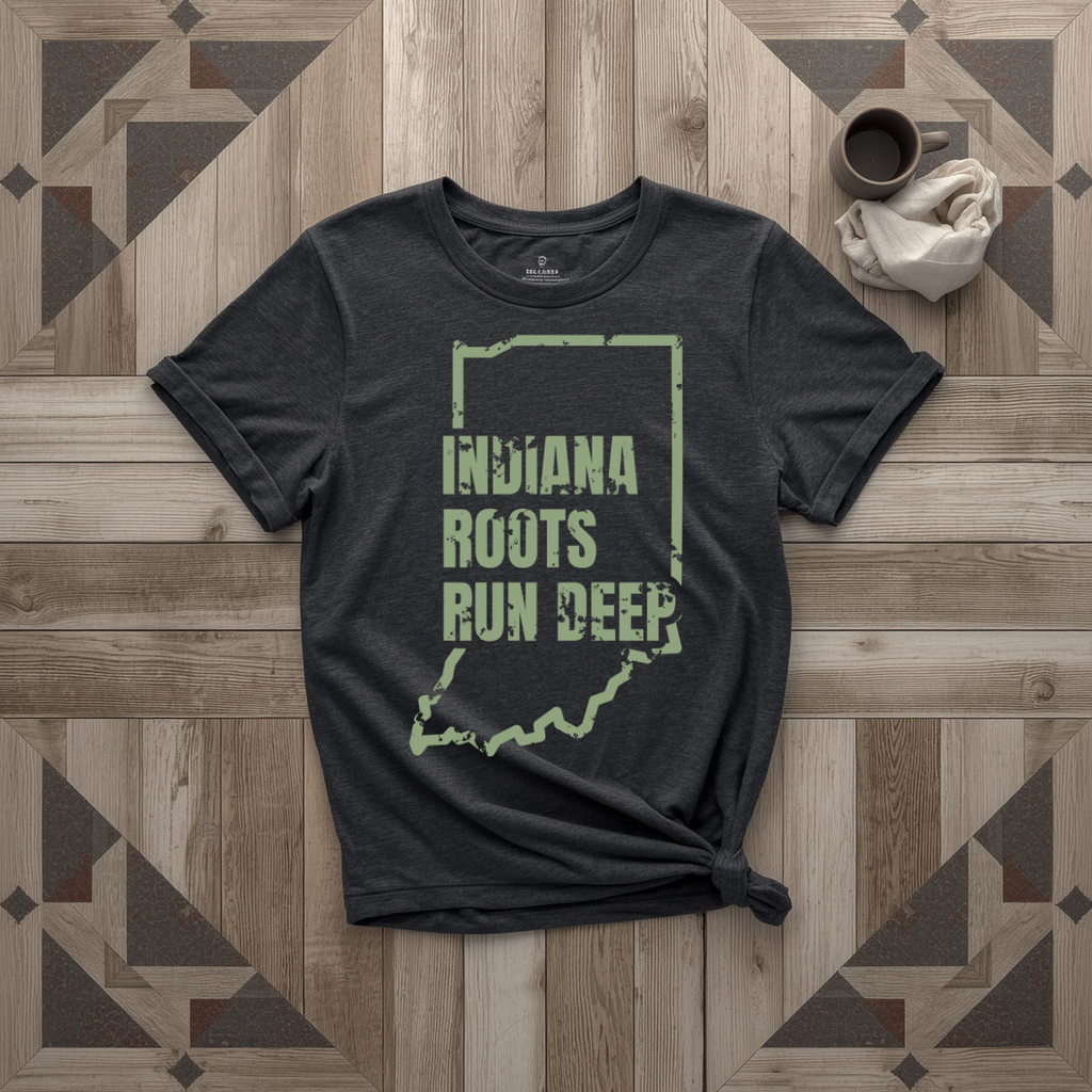 Indiana Roots Run Deep tee in black with sage print, laid flat on weathered wood