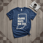 Indiana Roots Run Deep tee in heather navy with cream print, laid flat on weathered wood