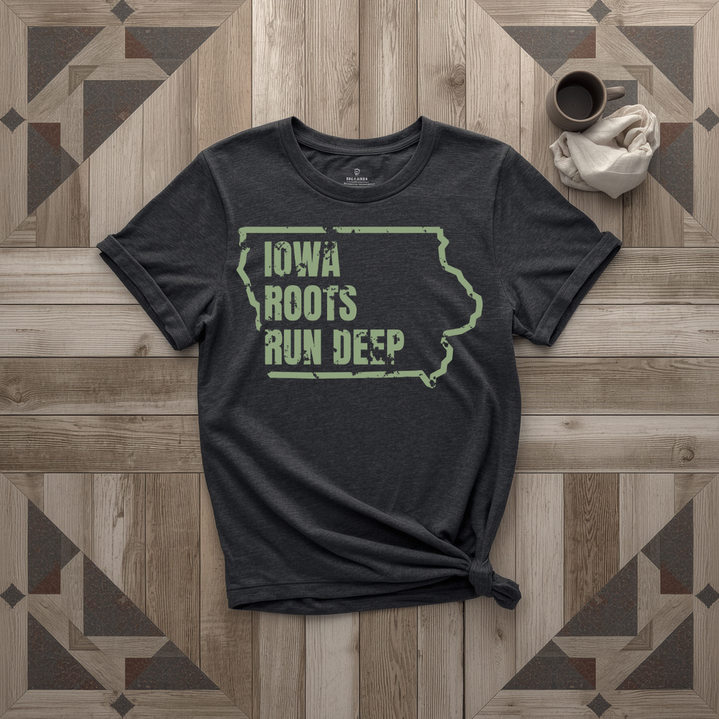 Iowa Roots Run Deep tee in black with sage print, laid flat on weathered wood