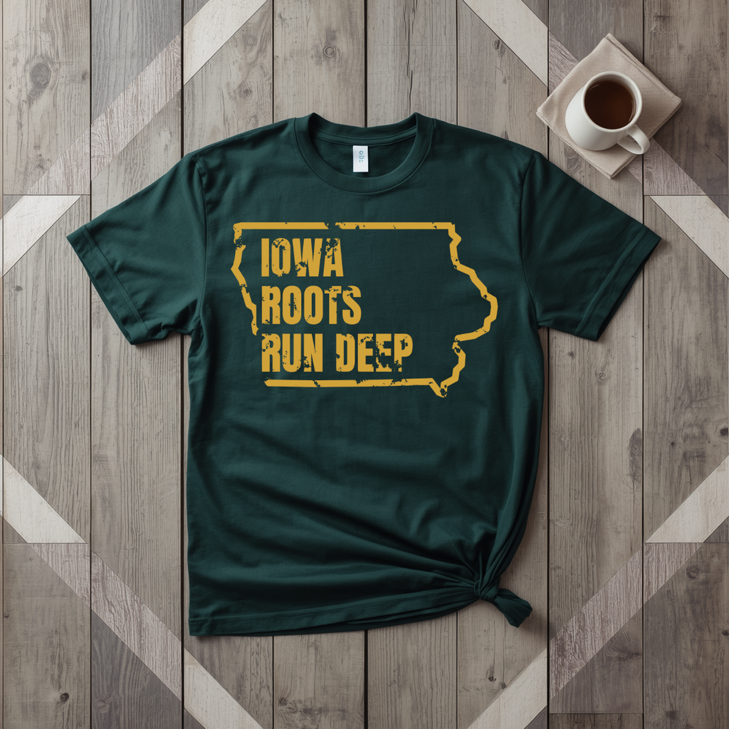 Iowa Roots Run Deep tee in forest green with mustard print, laid flat on weathered wood