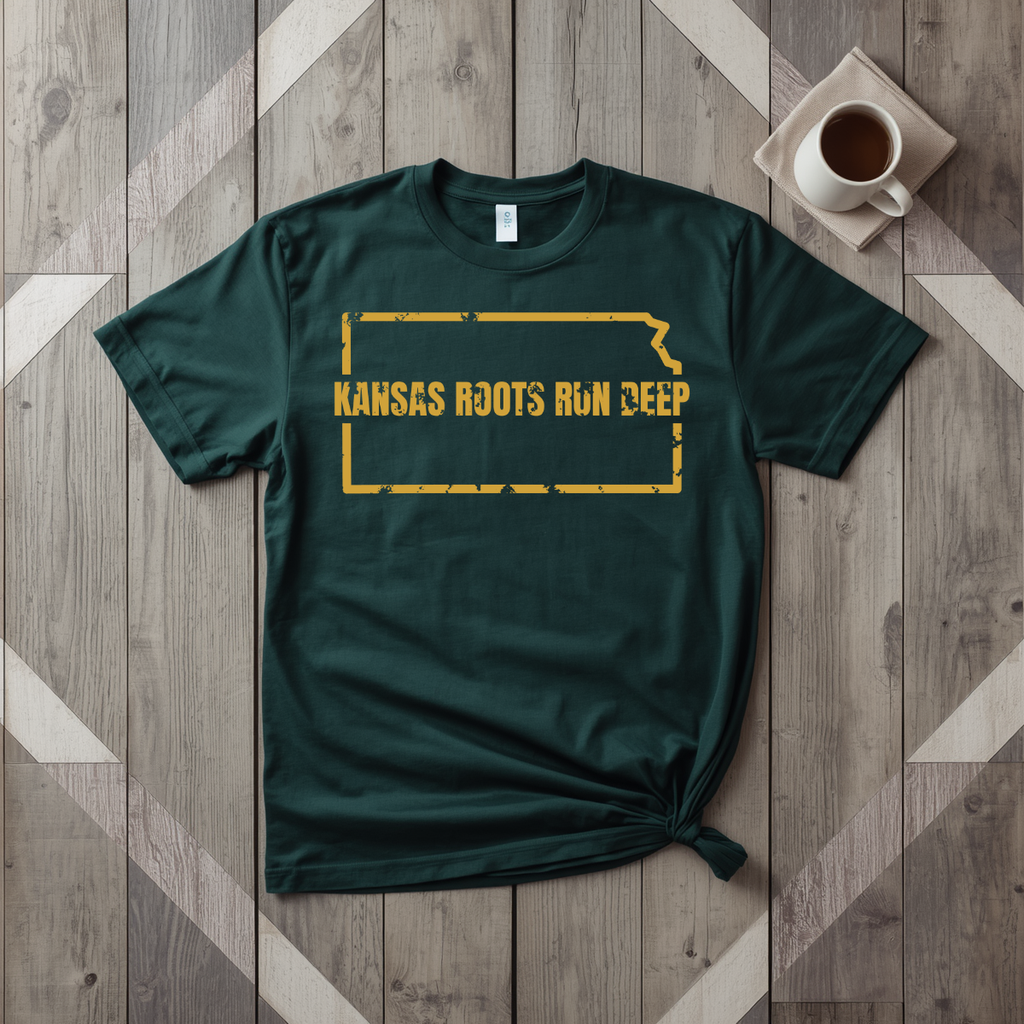 Kansas Roots Run Deep tee in forest green with mustard print, laid flat on weathered wood