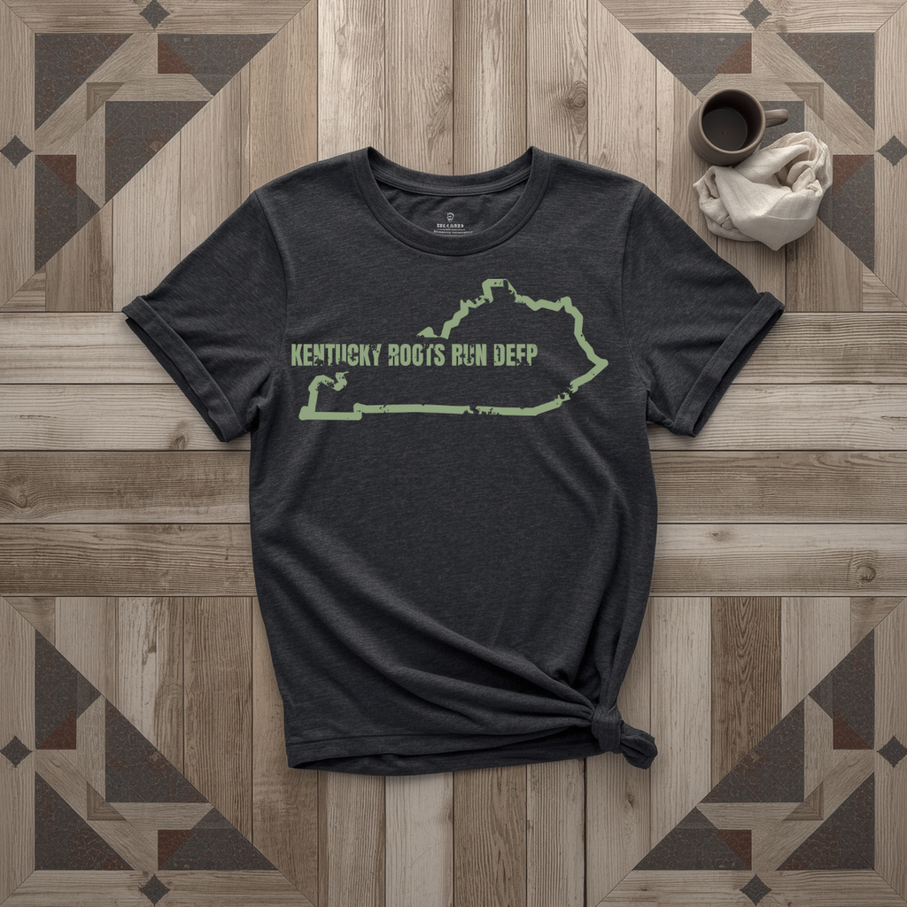 Kentucky Roots Run Deep tee in black with sage print, laid flat on weathered wood