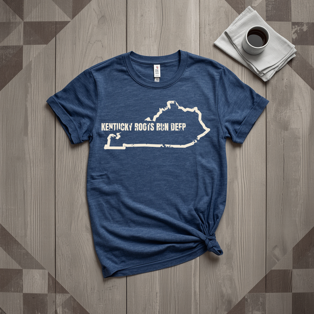 Kentucky Roots Run Deep tee in heather navy with cream print, laid flat on weathered wood