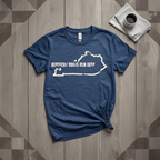 Kentucky Roots Run Deep tee in heather navy with cream print, laid flat on weathered wood