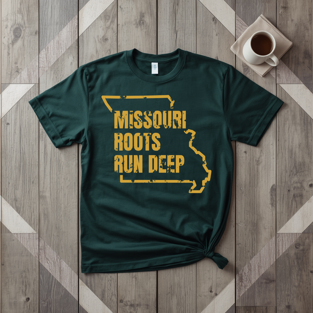 Missouri Roots Run Deep tee in forest green with mustard print, laid flat on weathered wood