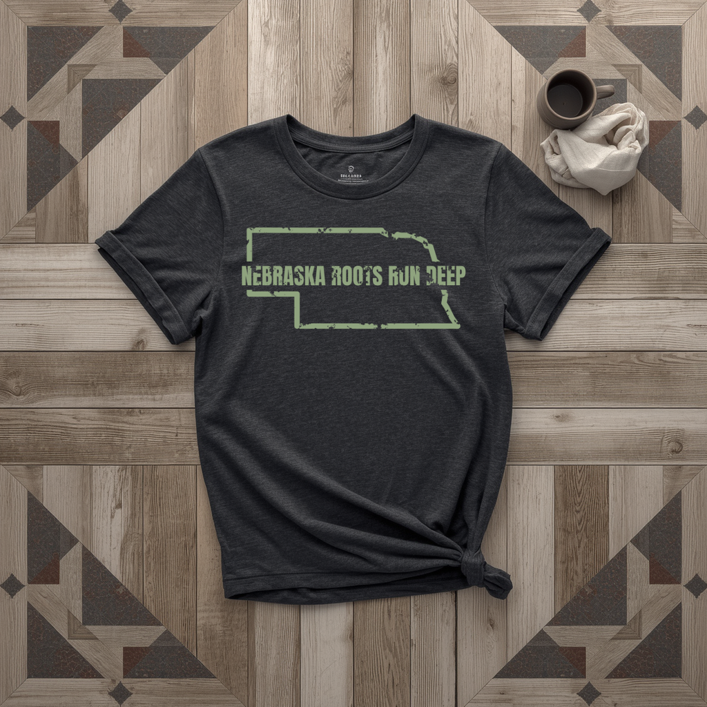 Nebraska Roots Run Deep tee in black with sage print, laid flat on weathered wood