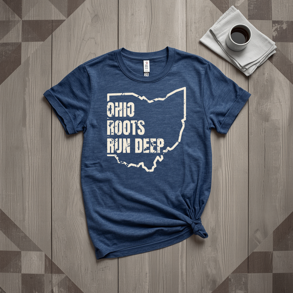Ohio Roots Run Deep tee in heather navy with cream print, laid flat on weathered wood