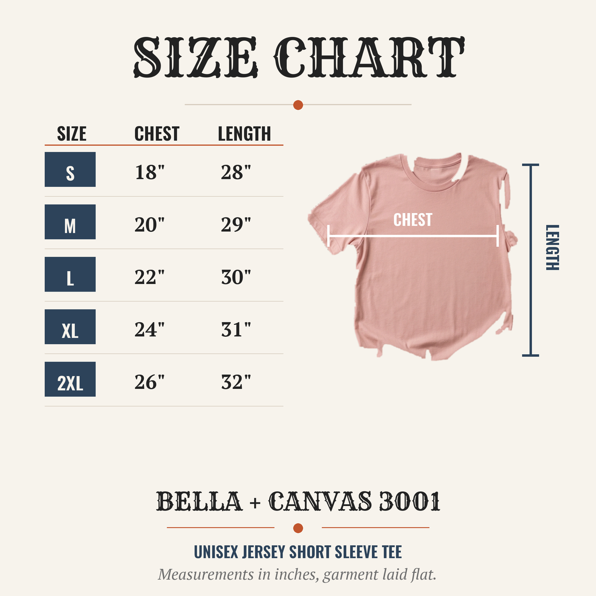 Size chart, S to 2XL, chest and length in inches, measured flat