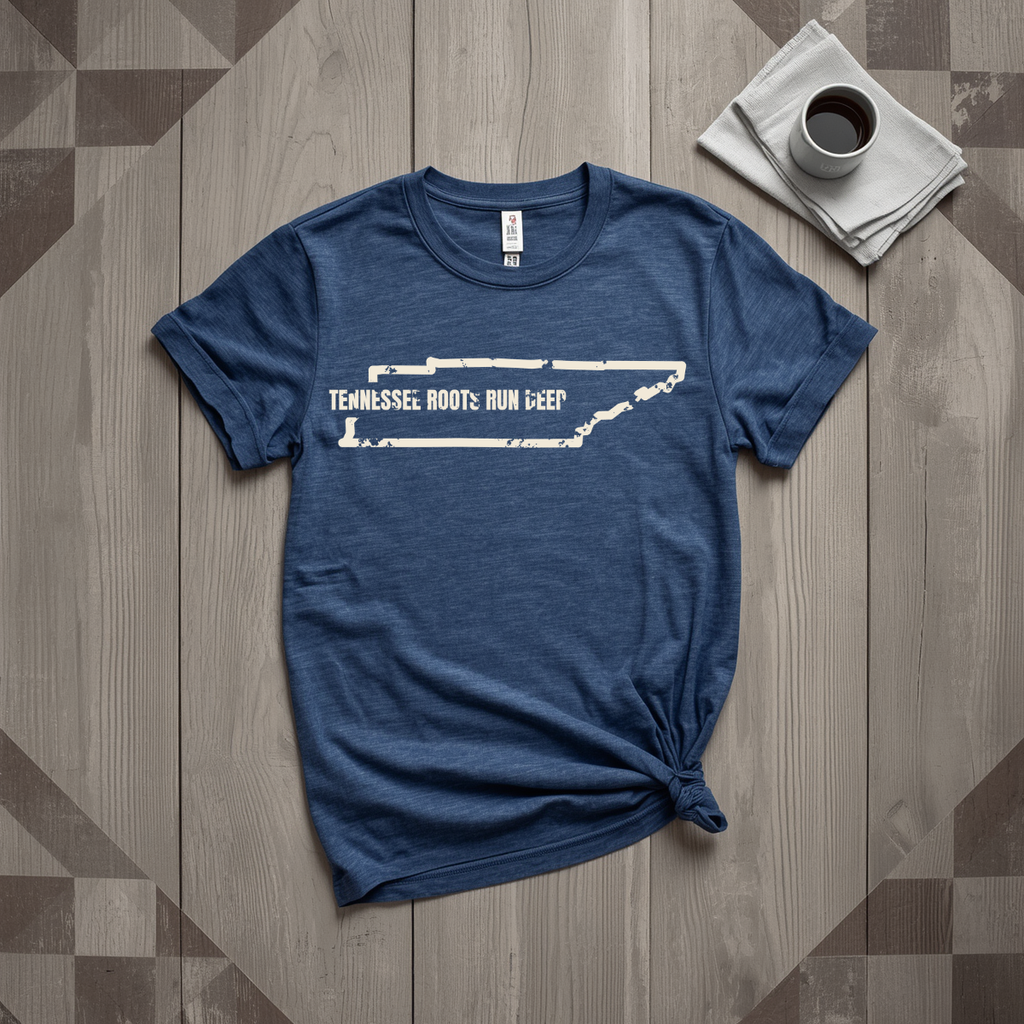 Tennessee Roots Run Deep tee in heather navy with cream print, laid flat on weathered wood