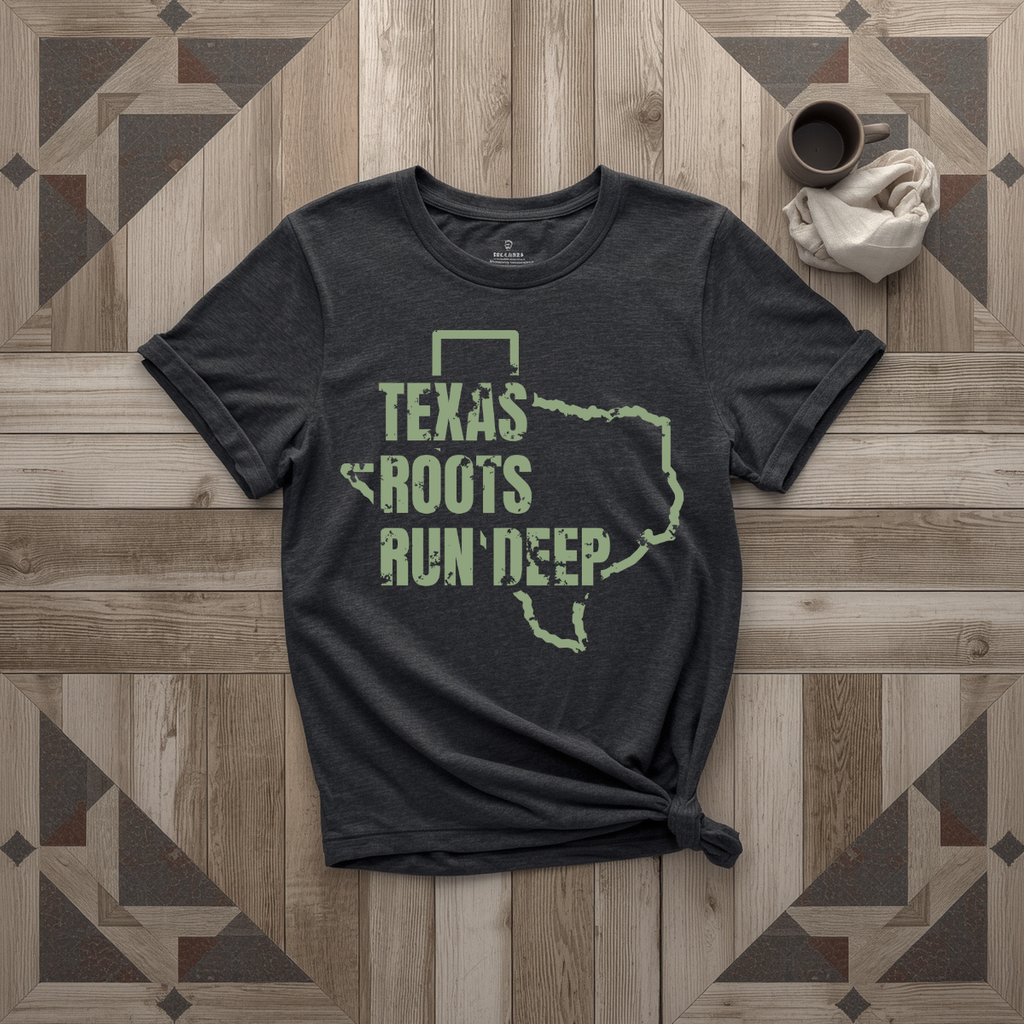 Texas Roots Run Deep tee in black with sage print, laid flat on weathered wood