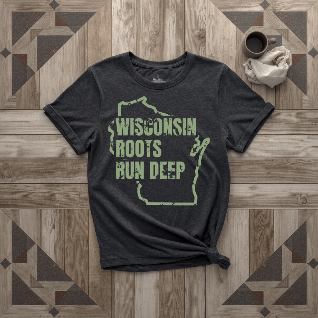Wisconsin Roots Run Deep tee in black with sage print, laid flat on weathered wood